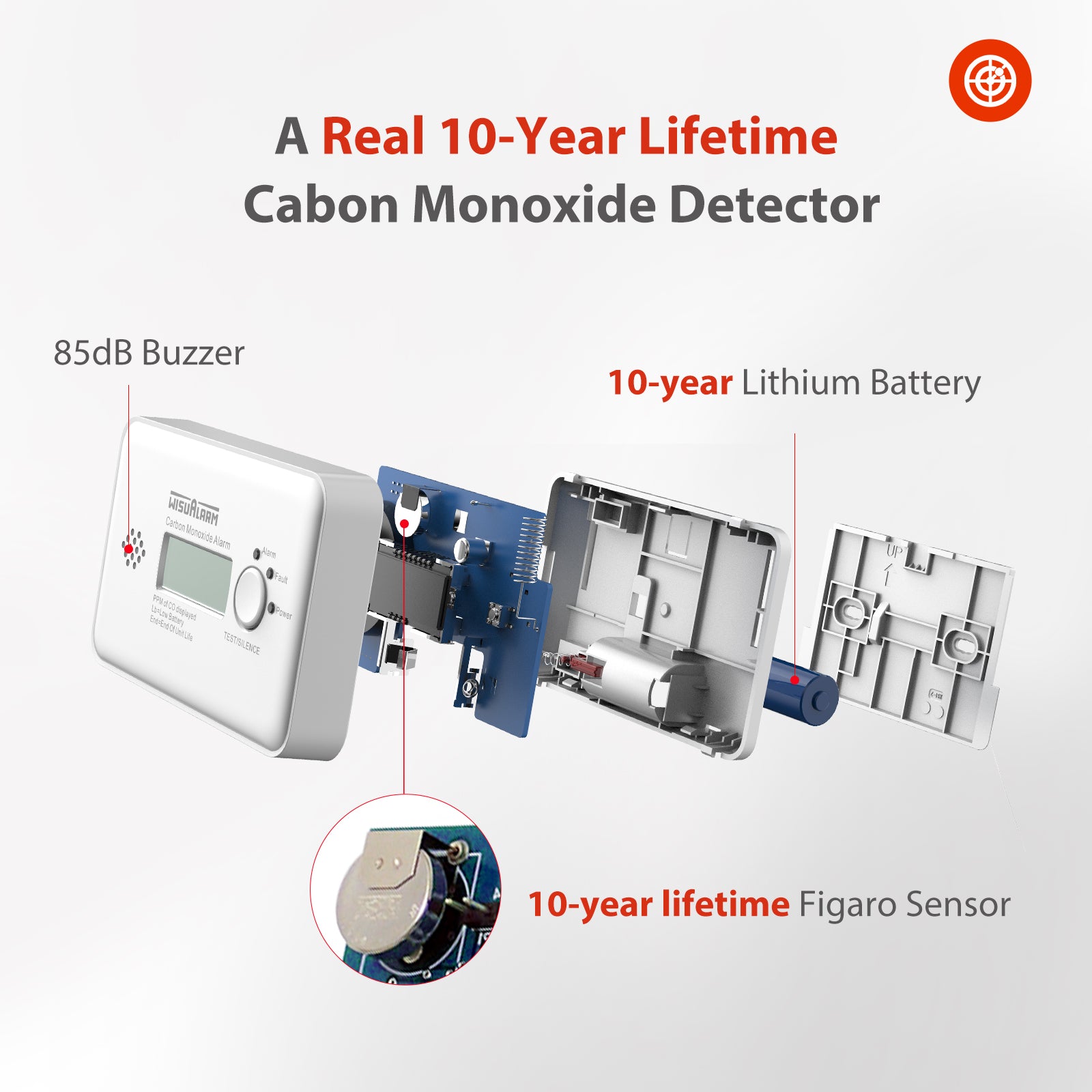 Rilevatore di monossido di carbonio Wisualarm con batteria al litio da 10 anni