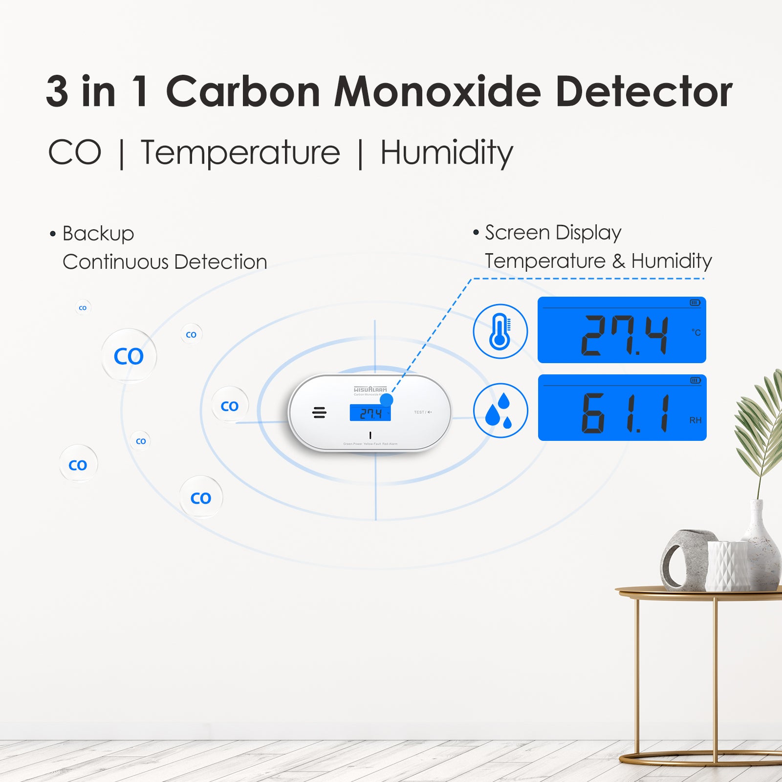 Wisualarm Carbon Monoxide Alarm With Temperature and Humidity Detection