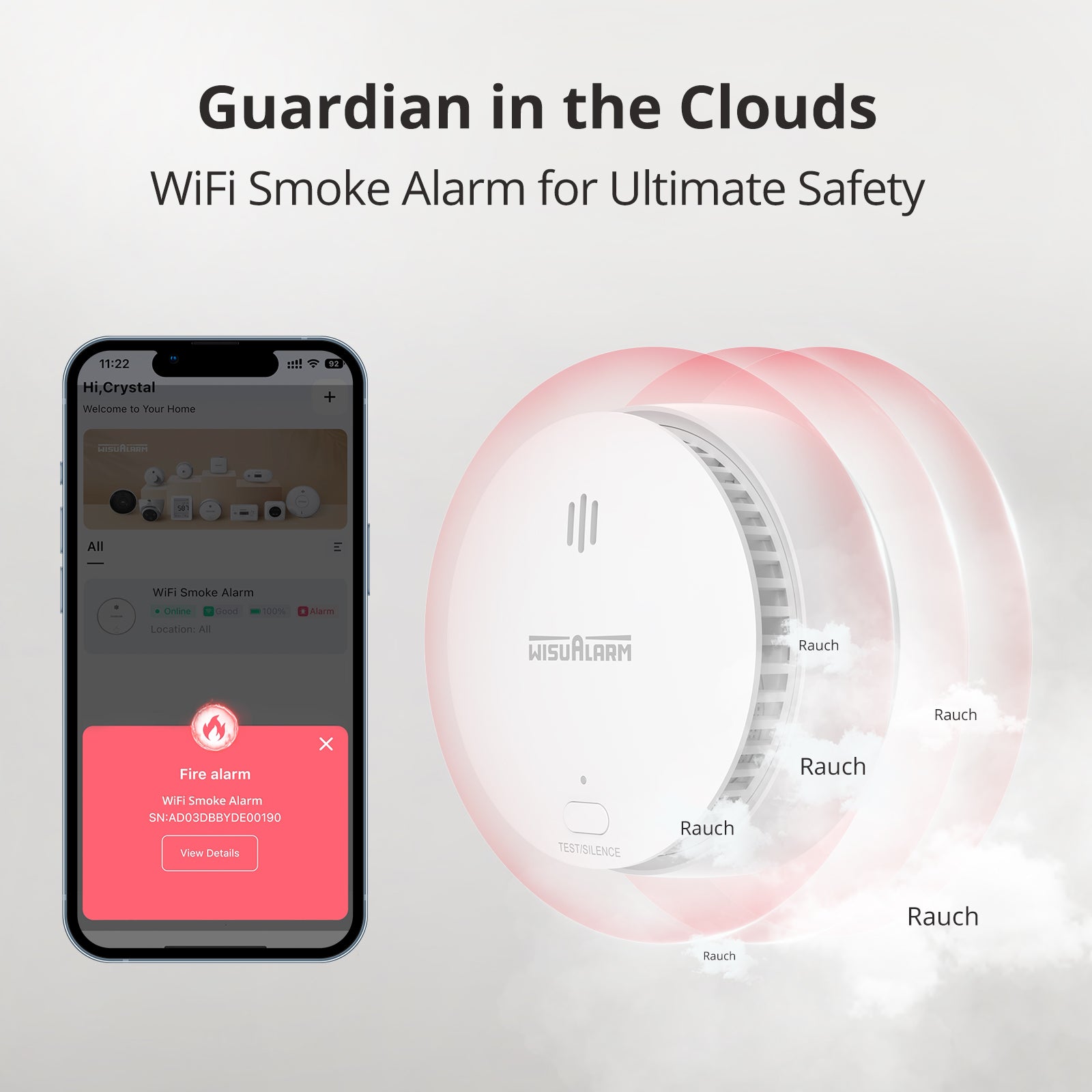 Rilevatori di fumo Wisualarm Smart WiFi da 5 pezzi con batteria sostituibile