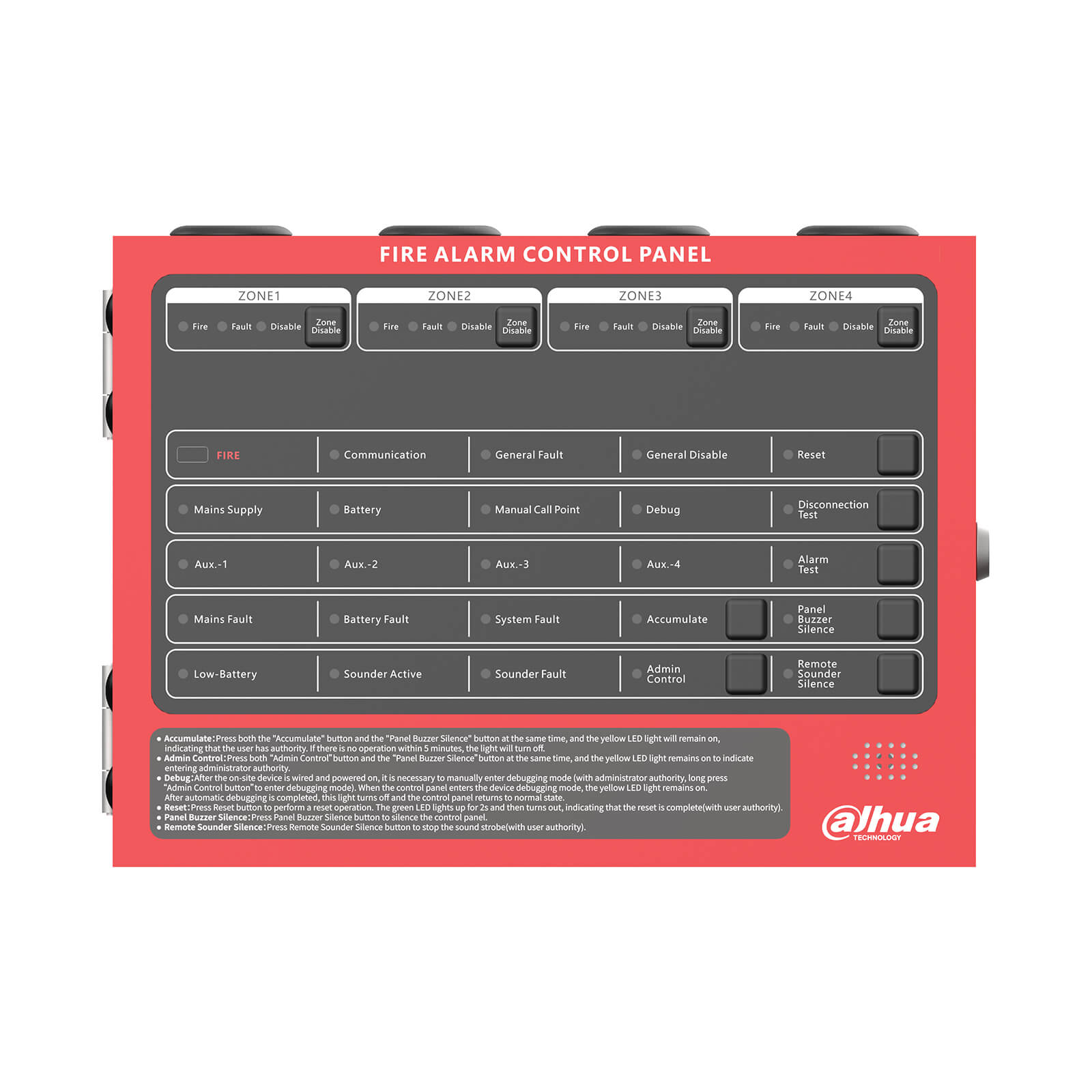 Conventional Fire Alarm Control Panel - 4 zones Full Red