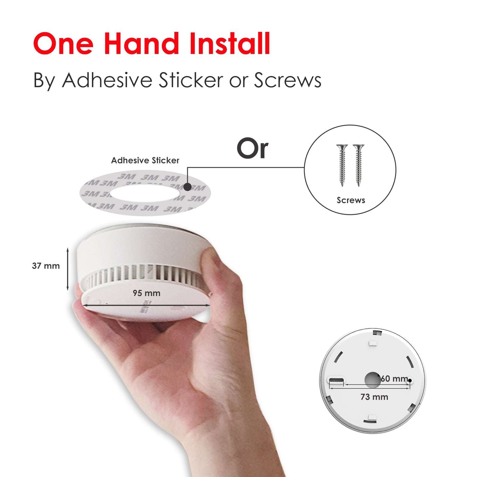 smoke alarm one hand install by adhesive sticker or screws